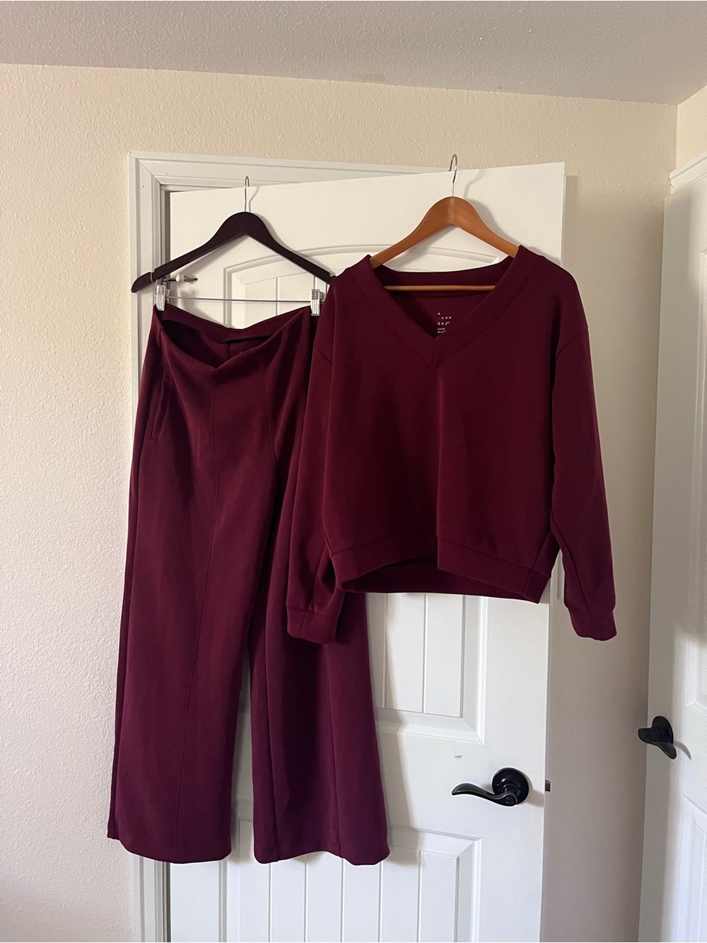 a new day • Burgundy Wide-Leg Pants & V-Neck Sweatshirt Matching Set